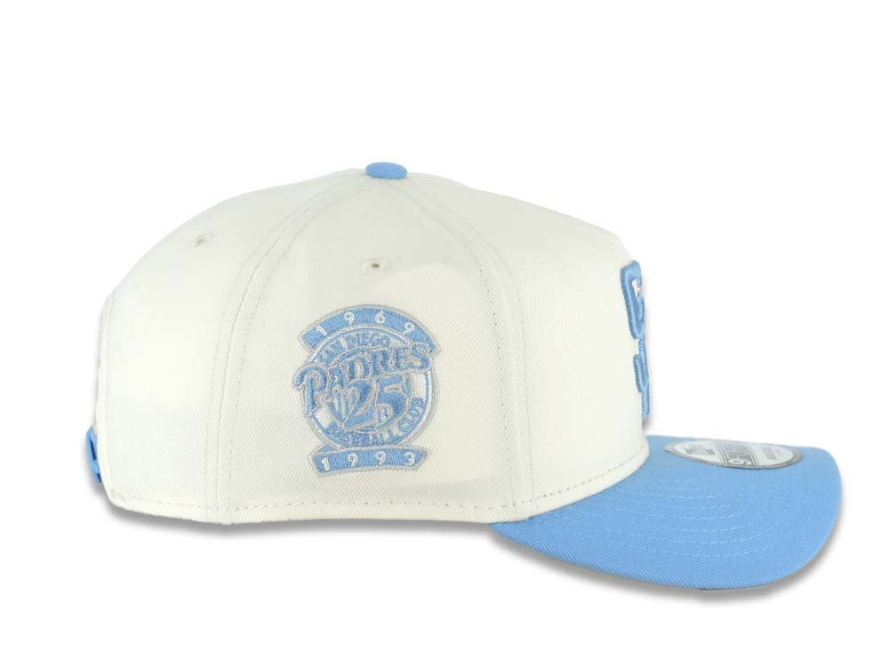 San Diego Padres New Era MLB 9FORTY 940 Adjustable A-Frame Cap Hat Cream Crown Sky Blue Visor Sky Blue Logo 25th Anniversary Side Patch Gray UV
