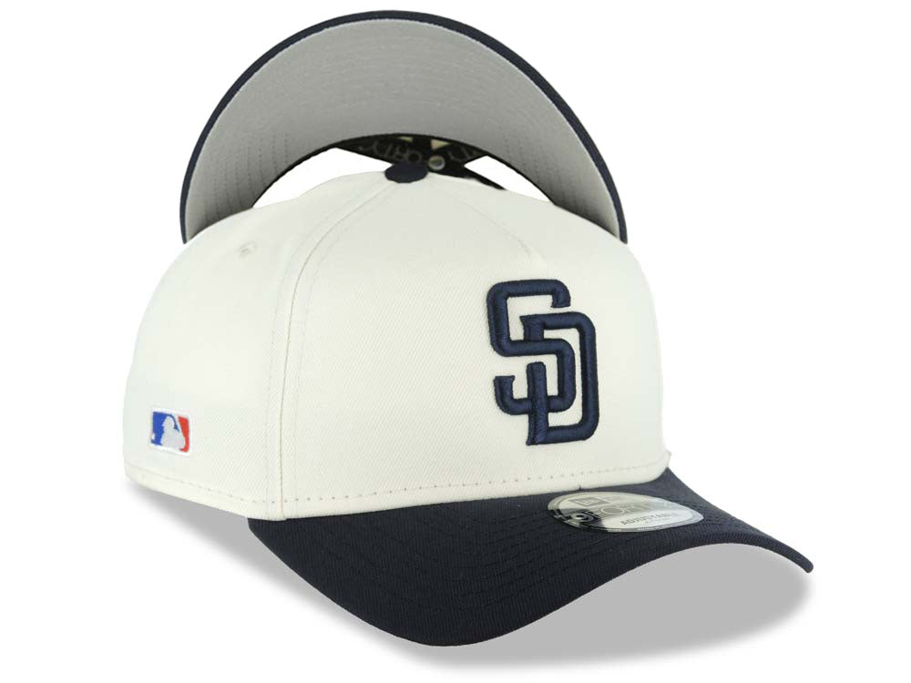 San Diego Padres New Era MLB 9FORTY 940 Adjustable A-Frame Cap Hat Cream Crown Navy Blue Visor Navy Blue Logo Batterman Batty Side Patch Gray UV