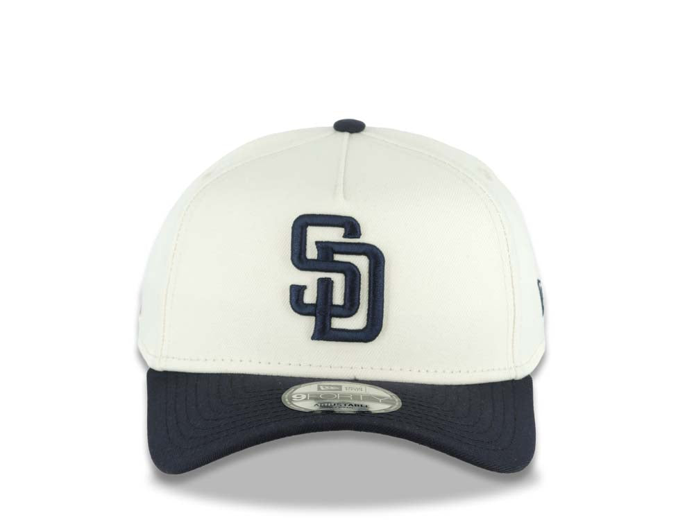 San Diego Padres New Era MLB 9FORTY 940 Adjustable A-Frame Cap Hat Cream Crown Navy Blue Visor Navy Blue Logo Batterman Batty Side Patch Gray UV