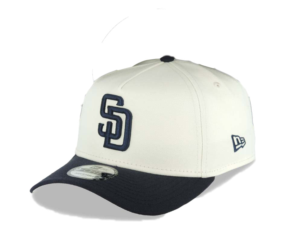 San Diego Padres New Era MLB 9FORTY 940 Adjustable A-Frame Cap Hat Cream Crown Navy Blue Visor Navy Blue Logo Batterman Batty Side Patch Gray UV