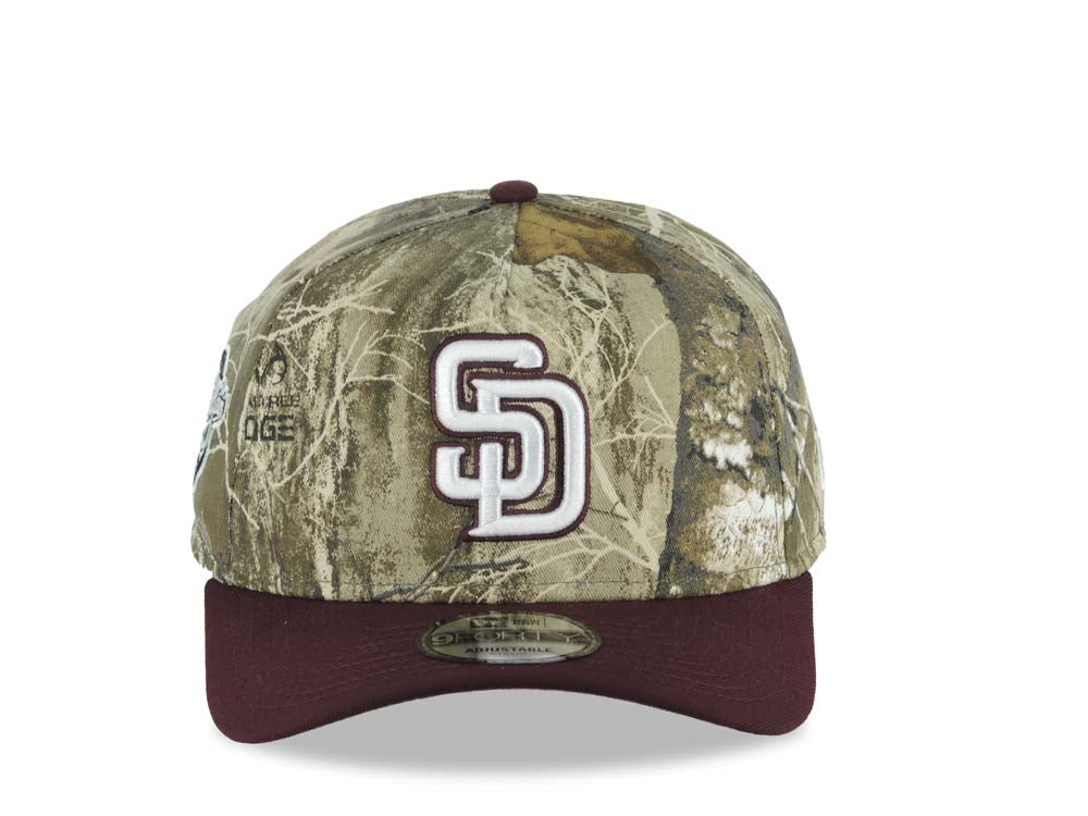 San Diego Padres New Era MLB 9FORTY 940 Adjustable A-Frame Cap Hat Real Tree Edge Camo Crown Maroon Visor White/Maroon Logo 1998 World Series Side Patch