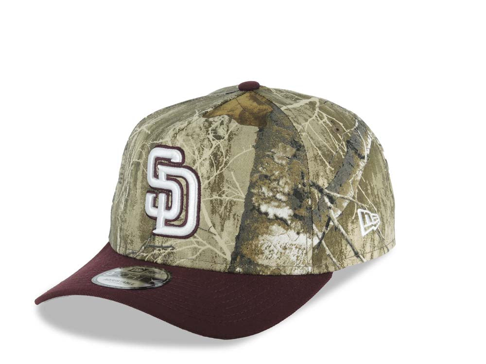 San Diego Padres New Era MLB 9FORTY 940 Adjustable A-Frame Cap Hat Real Tree Edge Camo Crown Maroon Visor White/Maroon Logo 1998 World Series Side Patch
