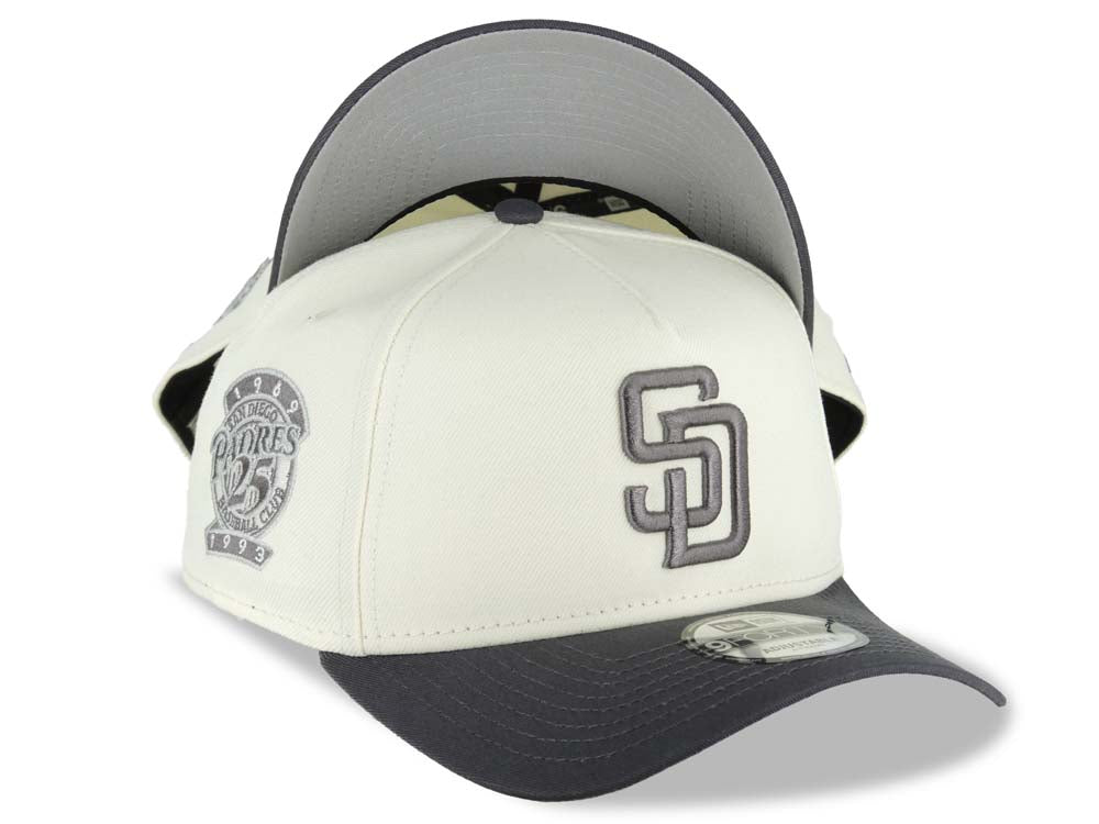 San Diego Padres New Era MLB 9FORTY 940 Adjustable A-Frame Cap Hat Cream Crown Dark Gray Visor Gray Logo 25th Anniversary Side Patch