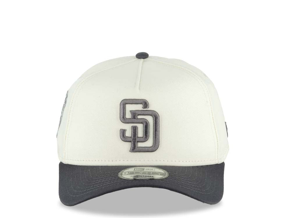 San Diego Padres New Era MLB 9FORTY 940 Adjustable A-Frame Cap Hat Cream Crown Dark Gray Visor Gray Logo 25th Anniversary Side Patch