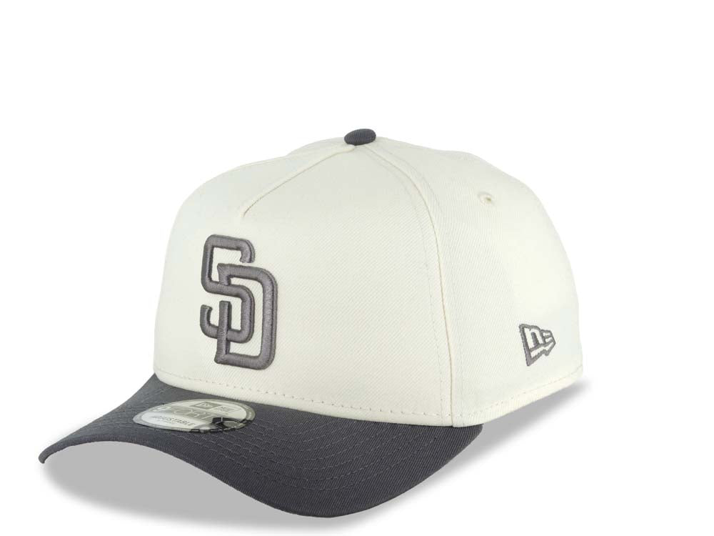San Diego Padres New Era MLB 9FORTY 940 Adjustable A-Frame Cap Hat Cream Crown Dark Gray Visor Gray Logo 25th Anniversary Side Patch