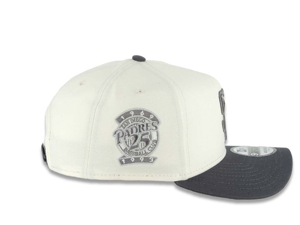 San Diego Padres New Era MLB 9FORTY 940 Adjustable A-Frame Cap Hat Cream Crown Dark Gray Visor Gray Logo 25th Anniversary Side Patch