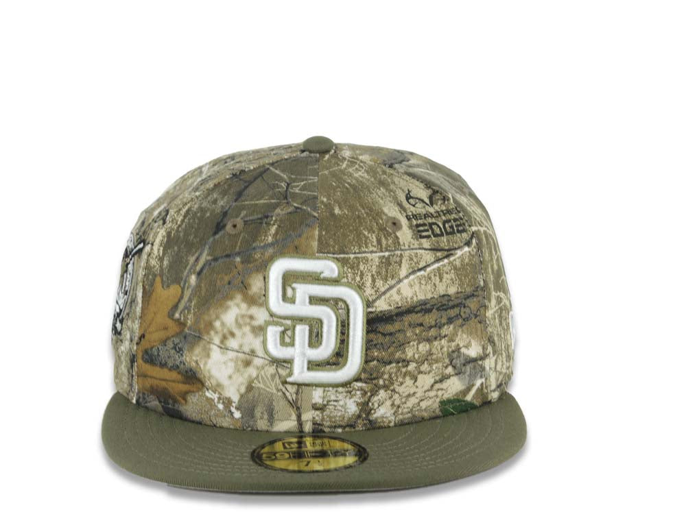 San Diego Padres New Era MLB 59FIFTY 5950 Fitted Cap Hat Real Tree Camo Crown Olive Visor White Logo 40th Anniversary Side Patch Gray UV