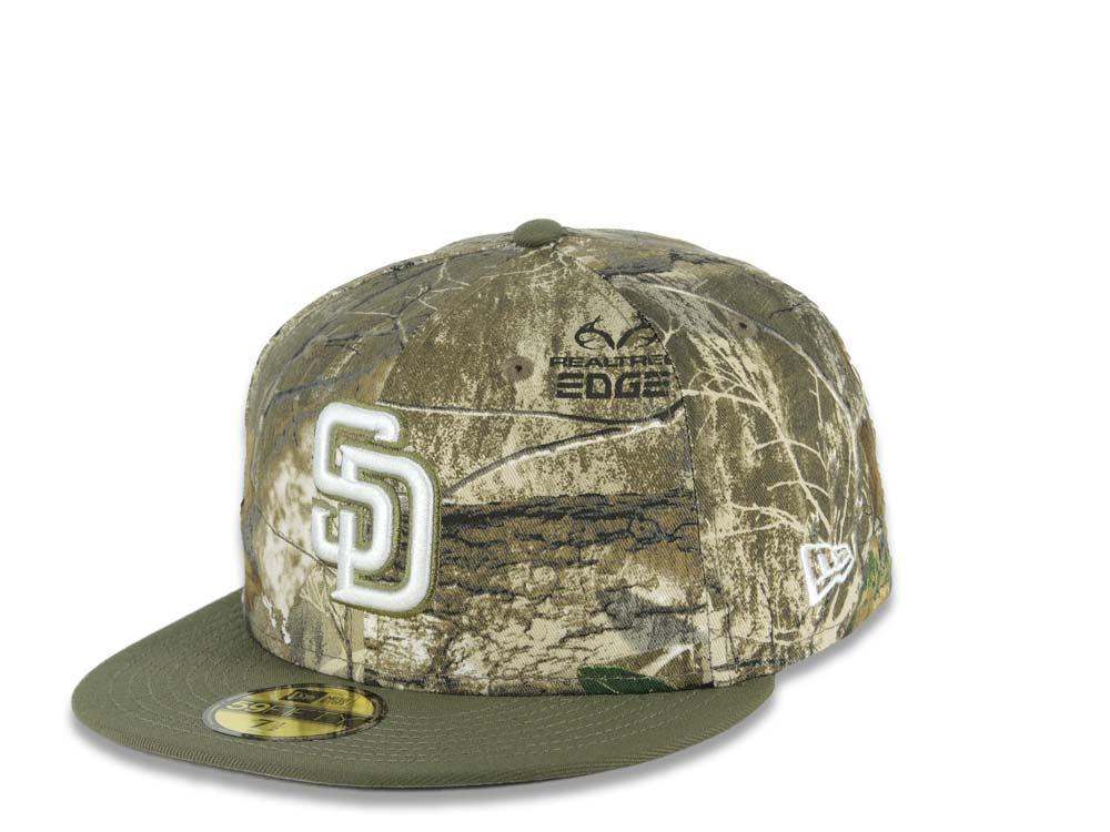 San Diego Padres New Era MLB 59FIFTY 5950 Fitted Cap Hat Real Tree Camo Crown Olive Visor White Logo 40th Anniversary Side Patch Gray UV