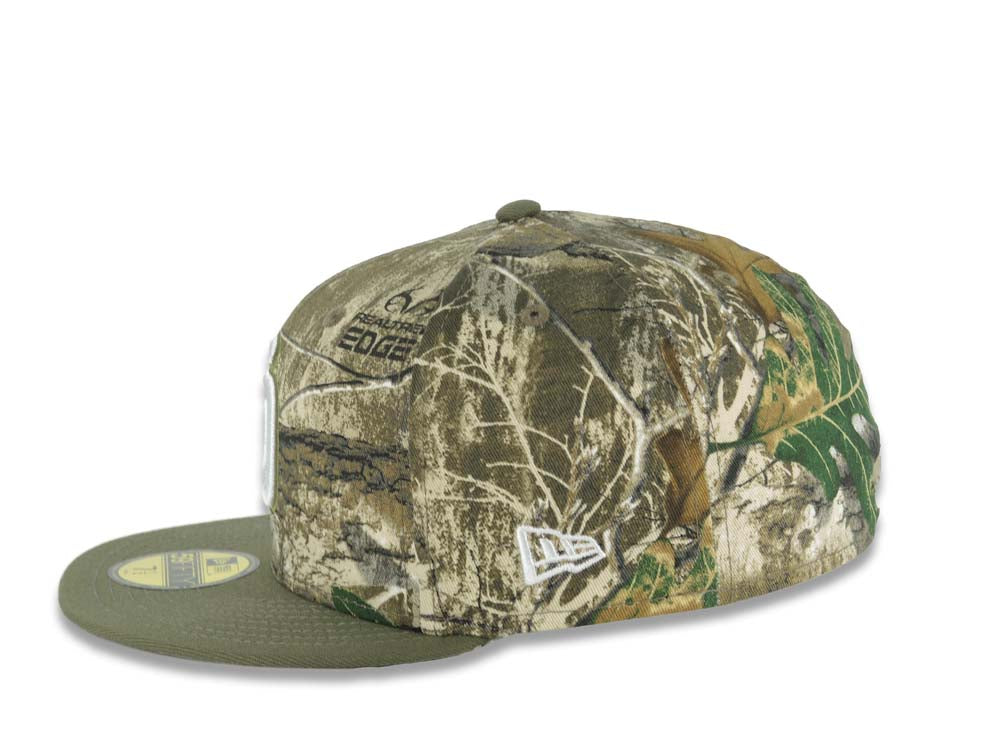 San Diego Padres New Era MLB 59FIFTY 5950 Fitted Cap Hat Real Tree Camo Crown Olive Visor White Logo 40th Anniversary Side Patch Gray UV