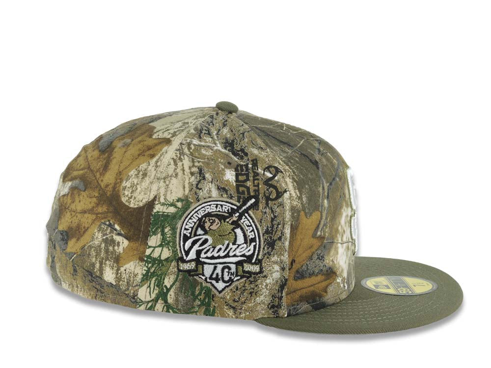 San Diego Padres New Era MLB 59FIFTY 5950 Fitted Cap Hat Real Tree Camo Crown Olive Visor White Logo 40th Anniversary Side Patch Gray UV