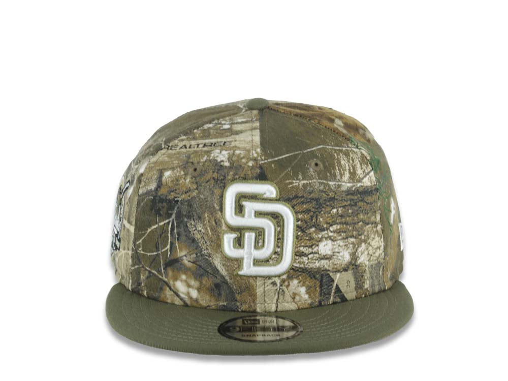 San Diego Padres New Era MLB 9FIFTY 950 Snapback Cap Hat Real Tree Edge Camo Crown Olive Green Visor White/Olive Green Logo 40th Anniversary Side Patch