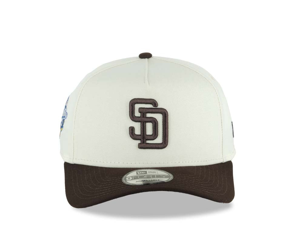 San Diego Padres New Era MLB 9FORTY 940 Adjustable A-Frame Cap Hat Cream Crown Dark Brown Visor Dark Brown Logo 1998 World Series Side Patch