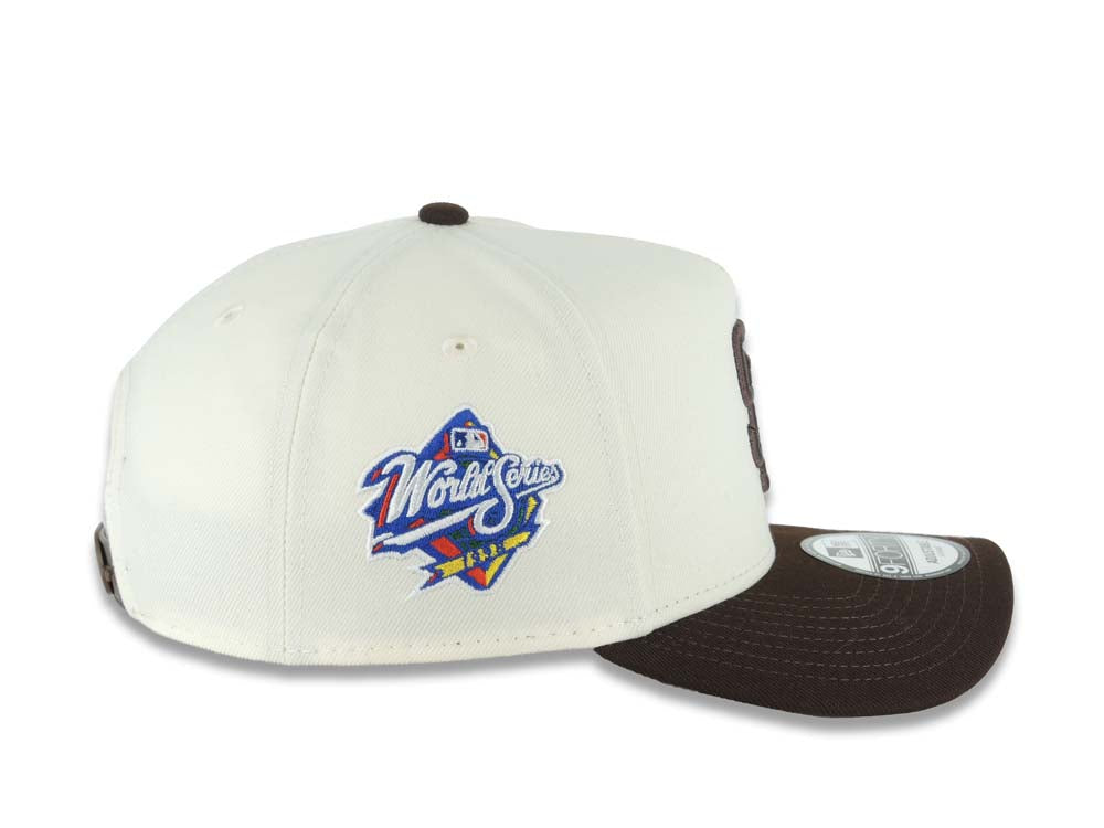 San Diego Padres New Era MLB 9FORTY 940 Adjustable A-Frame Cap Hat Cream Crown Dark Brown Visor Dark Brown Logo 1998 World Series Side Patch