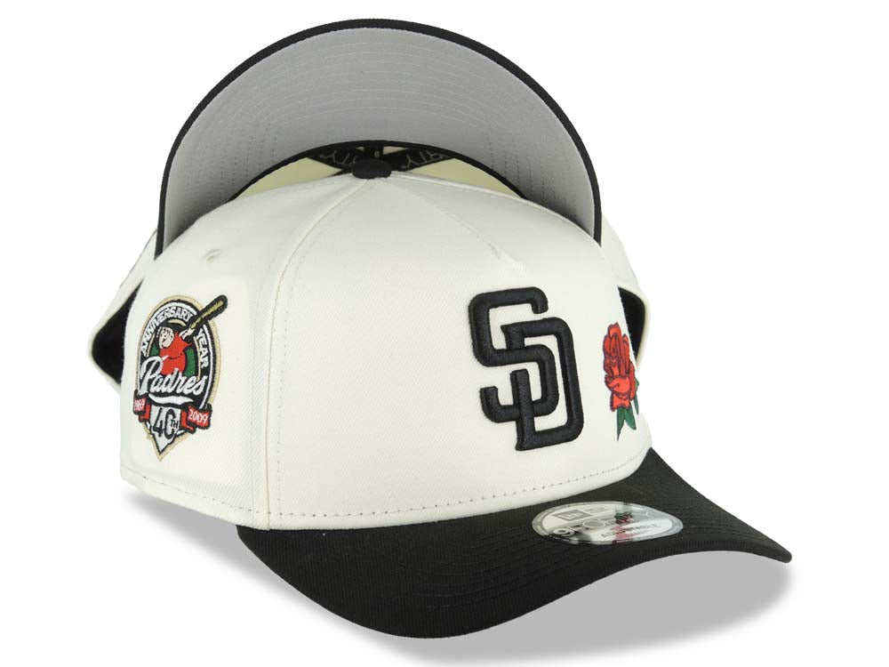 San Diego Padres New Era MLB 9FORTY 940 Adjustable A-Frame Cap Hat Cream Crown Black Visor Black Logo With Red Rose 40th Anniversary Side Patch Gray UV