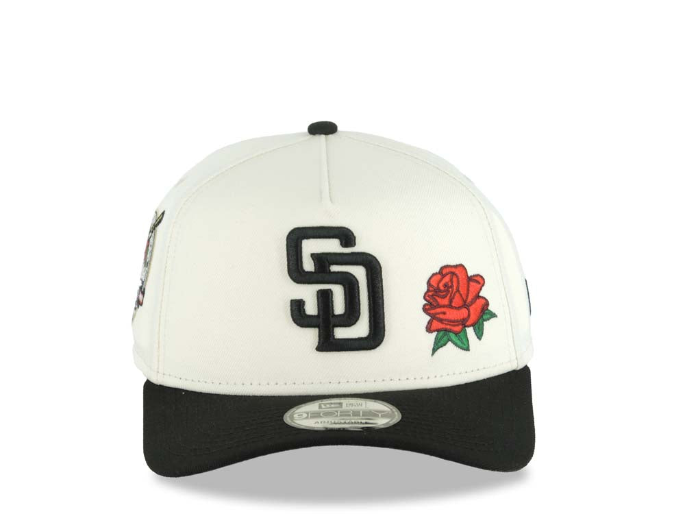 San Diego Padres New Era MLB 9FORTY 940 Adjustable A-Frame Cap Hat Cream Crown Black Visor Black Logo With Red Rose 40th Anniversary Side Patch Gray UV