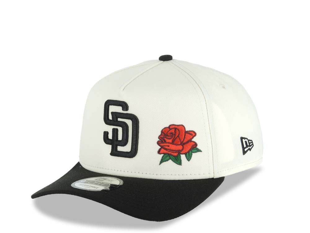 San Diego Padres New Era MLB 9FORTY 940 Adjustable A-Frame Cap Hat Cream Crown Black Visor Black Logo With Red Rose 40th Anniversary Side Patch Gray UV