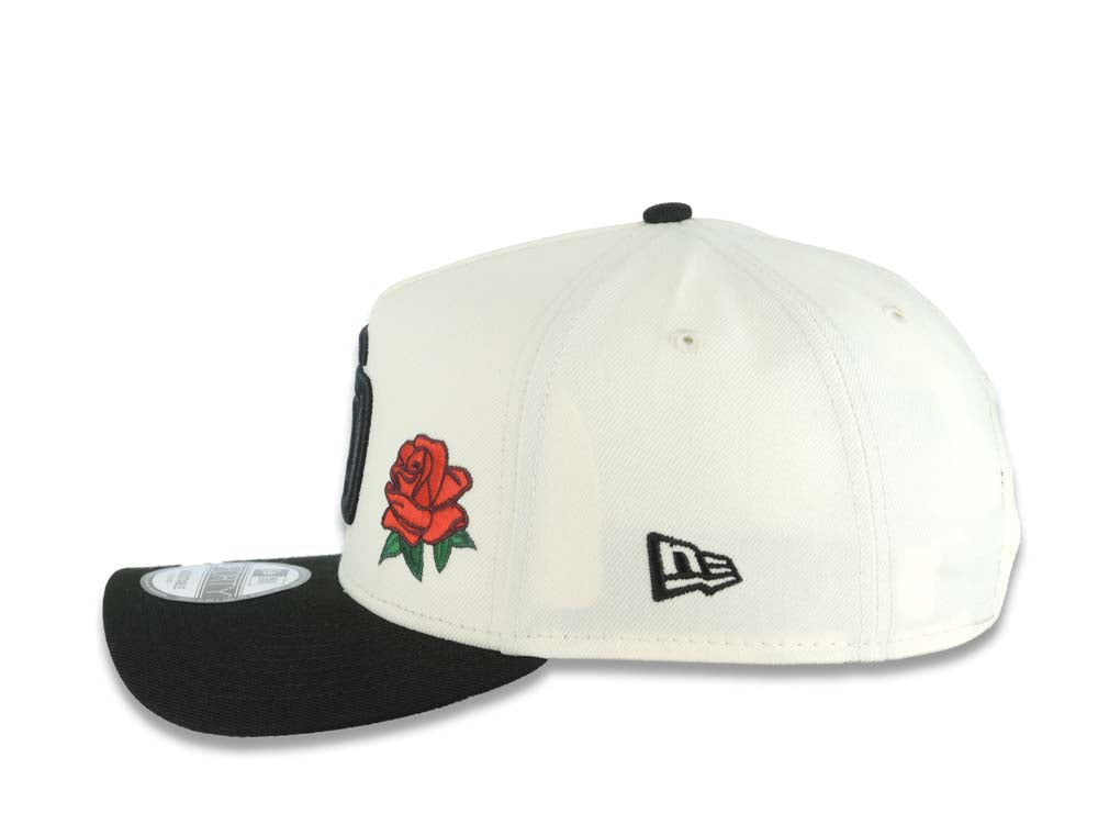 San Diego Padres New Era MLB 9FORTY 940 Adjustable A-Frame Cap Hat Cream Crown Black Visor Black Logo With Red Rose 40th Anniversary Side Patch Gray UV