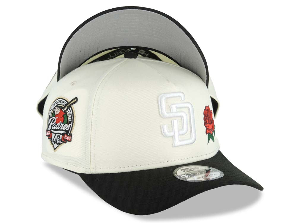 San Diego Padres New Era MLB 9FORTY 940 Adjustable A-Frame Cap Hat Cream Crown Black Visor White Logo With Red Rose 40th Anniversary Side Patch Gray UV