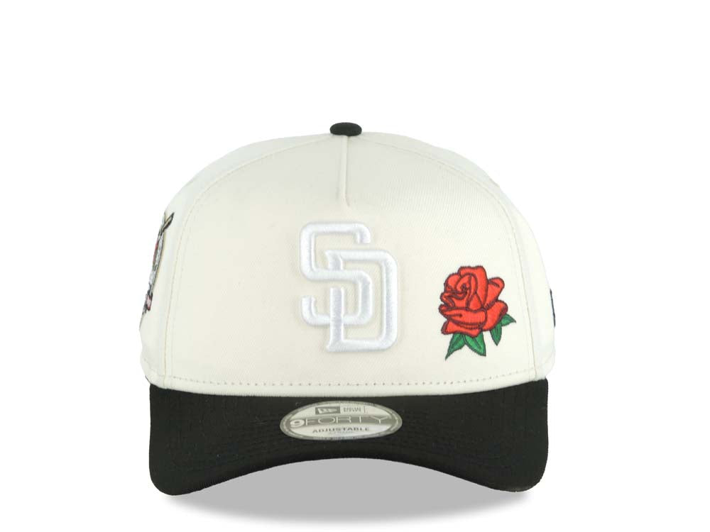 San Diego Padres New Era MLB 9FORTY 940 Adjustable A-Frame Cap Hat Cream Crown Black Visor White Logo With Red Rose 40th Anniversary Side Patch Gray UV