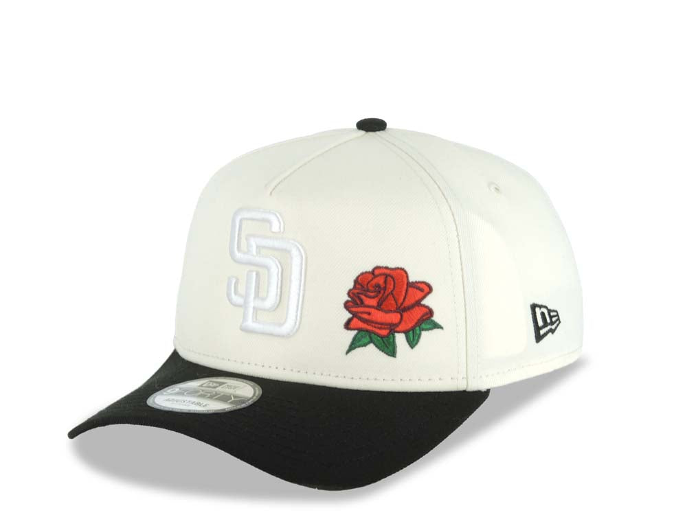 San Diego Padres New Era MLB 9FORTY 940 Adjustable A-Frame Cap Hat Cream Crown Black Visor White Logo With Red Rose 40th Anniversary Side Patch Gray UV