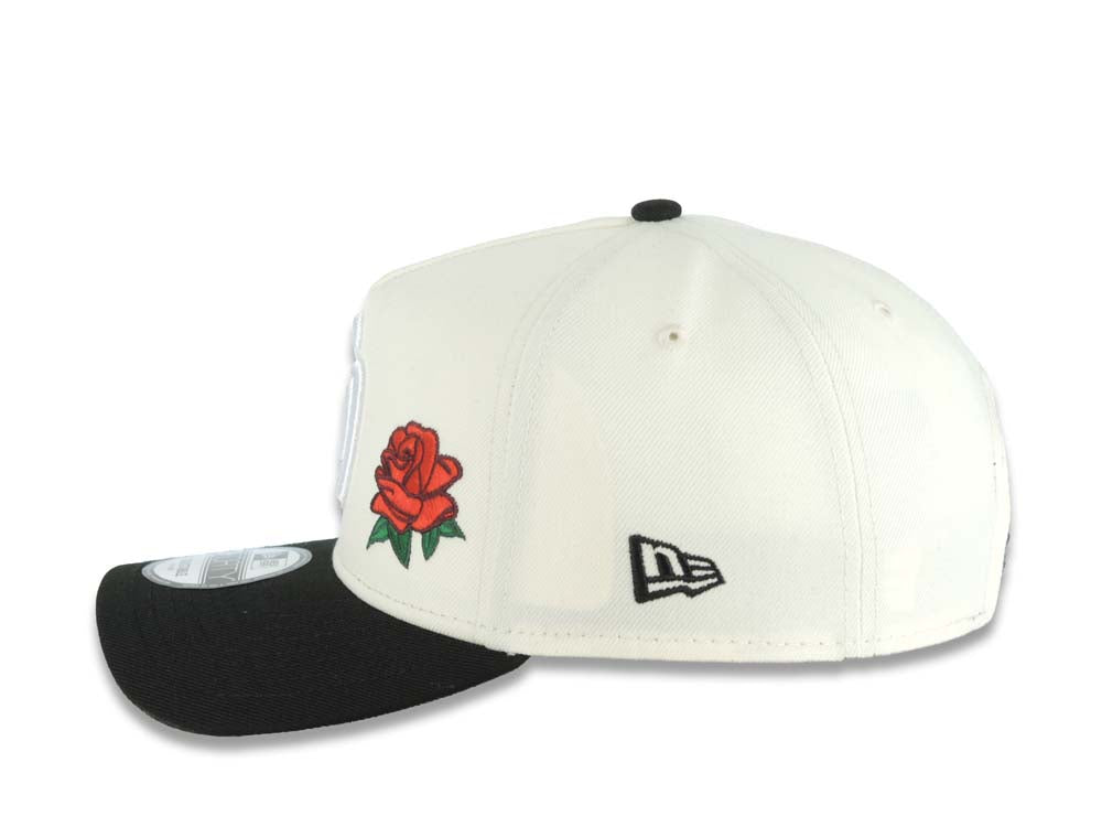 San Diego Padres New Era MLB 9FORTY 940 Adjustable A-Frame Cap Hat Cream Crown Black Visor White Logo With Red Rose 40th Anniversary Side Patch Gray UV