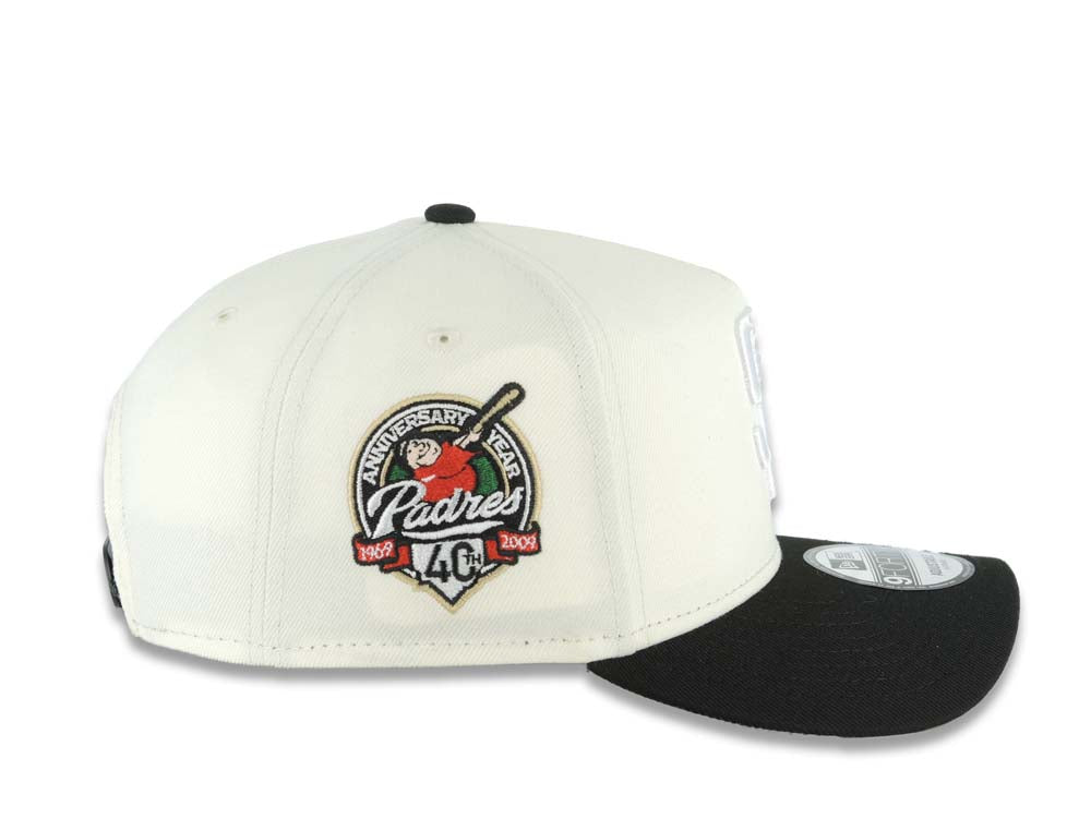 San Diego Padres New Era MLB 9FORTY 940 Adjustable A-Frame Cap Hat Cream Crown Black Visor White Logo With Red Rose 40th Anniversary Side Patch Gray UV