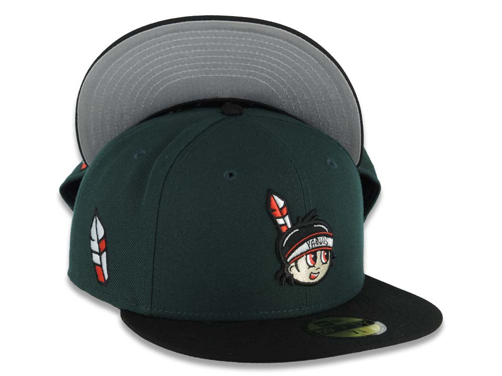 Yaquis de obregon New Era 59FIFTY 5950 Fitted Cap Hat Dark Green Crown Black Visor Team Color Logo Feather Side Patch Gray UV