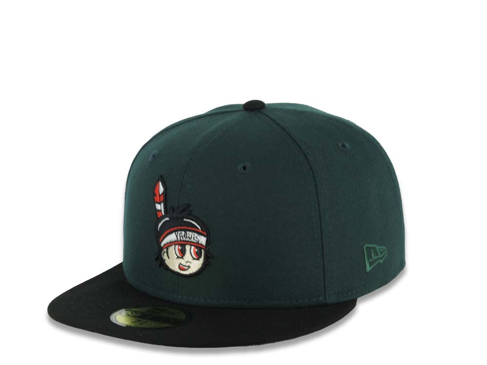 Yaquis de obregon New Era 59FIFTY 5950 Fitted Cap Hat Dark Green Crown Black Visor Team Color Logo Feather Side Patch Gray UV