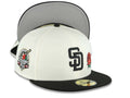 San Diego Padres New Era MLB 59FIFTY 5950 Fitted Cap Hat Cream Crown Black Visor Black Logo With Rose 40th Anniversary Side Patch Gray UV