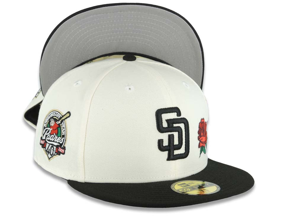 San Diego Padres New Era MLB 59FIFTY 5950 Fitted Cap Hat Cream Crown Black Visor Black Logo With Rose 40th Anniversary Side Patch Gray UV