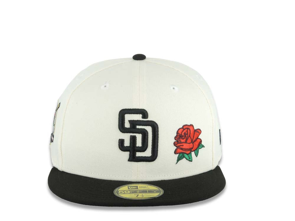 San Diego Padres New Era MLB 59FIFTY 5950 Fitted Cap Hat Cream Crown Black Visor Black Logo With Rose 40th Anniversary Side Patch Gray UV