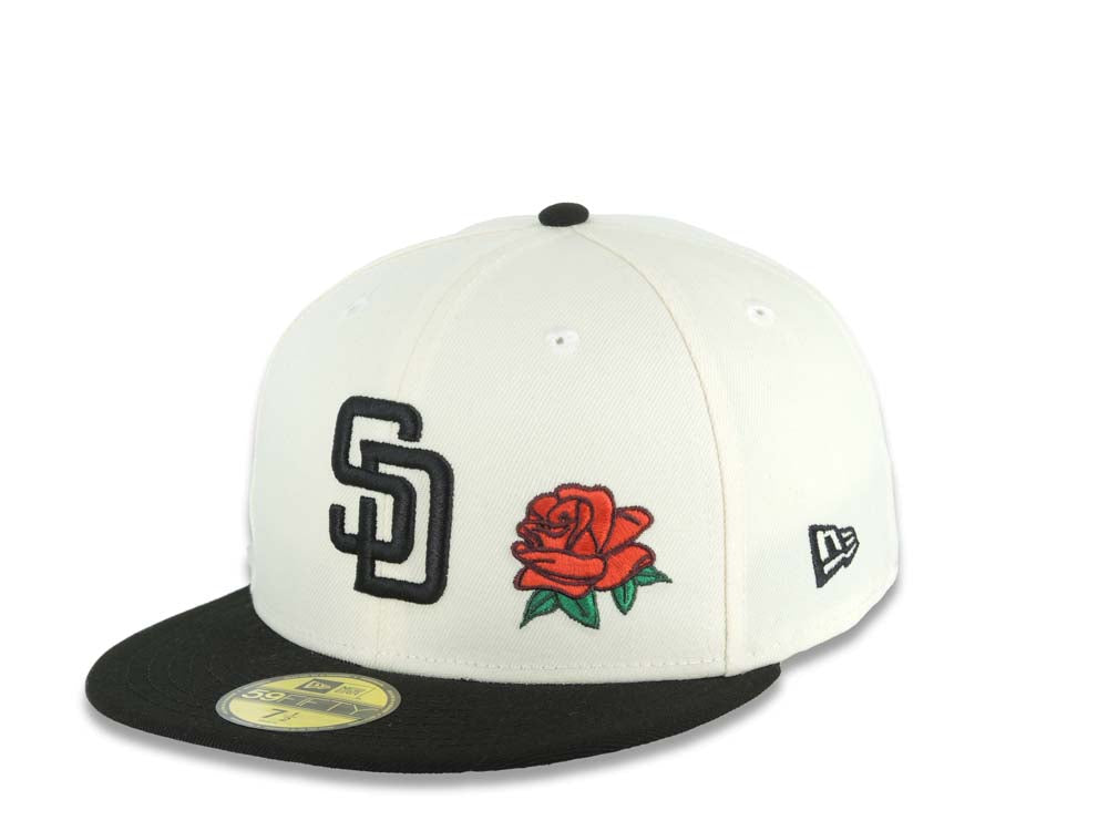 San Diego Padres New Era MLB 59FIFTY 5950 Fitted Cap Hat Cream Crown Black Visor Black Logo With Rose 40th Anniversary Side Patch Gray UV
