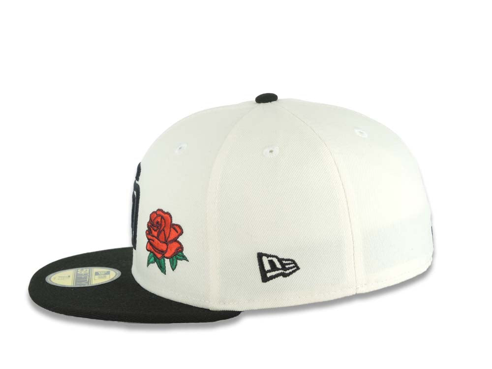 San Diego Padres New Era MLB 59FIFTY 5950 Fitted Cap Hat Cream Crown Black Visor Black Logo With Rose 40th Anniversary Side Patch Gray UV