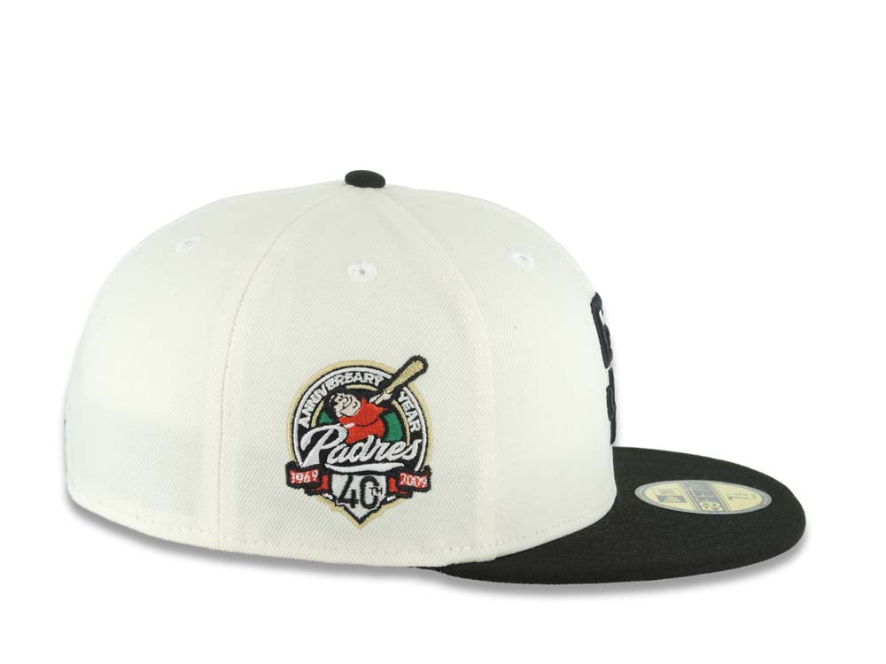 San Diego Padres New Era MLB 59FIFTY 5950 Fitted Cap Hat Cream Crown Black Visor Black Logo With Rose 40th Anniversary Side Patch Gray UV