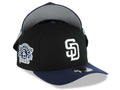 San Diego Padres New Era MLB 9FORTY 940 Adjustable A-Frame Cap Hat Black Crown Navy Blue Visor White Logo Stadium Side Patch Gray UV