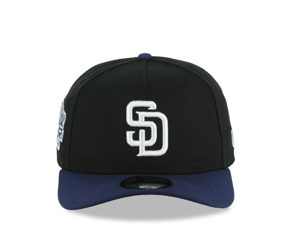 San Diego Padres New Era MLB 9FORTY 940 Adjustable A-Frame Cap Hat Black Crown Navy Blue Visor White Logo Stadium Side Patch Gray UV