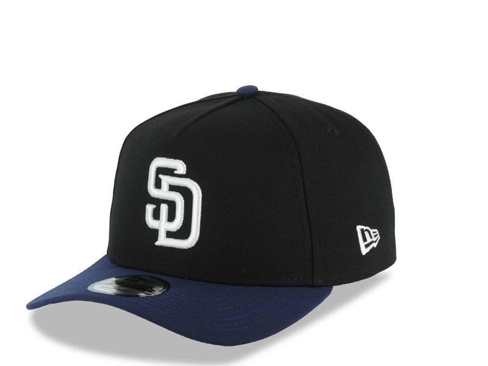 San Diego Padres New Era MLB 9FORTY 940 Adjustable A-Frame Cap Hat Black Crown Navy Blue Visor White Logo Stadium Side Patch Gray UV