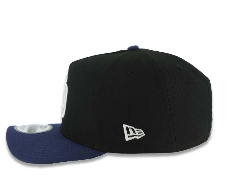 San Diego Padres New Era MLB 9FORTY 940 Adjustable A-Frame Cap Hat Black Crown Navy Blue Visor White Logo Stadium Side Patch Gray UV