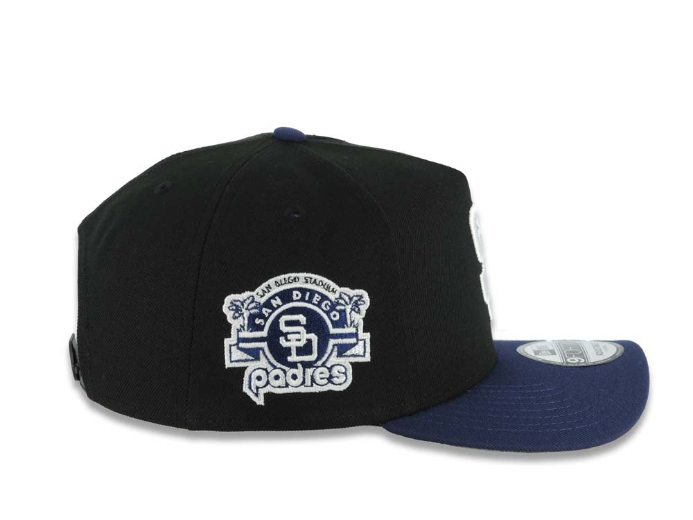 San Diego Padres New Era MLB 9FORTY 940 Adjustable A-Frame Cap Hat Black Crown Navy Blue Visor White Logo Stadium Side Patch Gray UV