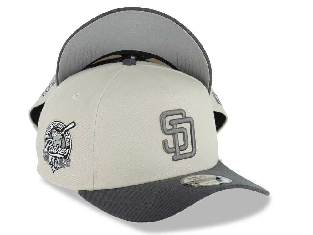 San Diego Padres New Era MLB 9FORTY 940 Adjustable A-Frame Cap Hat Stone Crown Dark Gray Visor Dark Gray Logo 40th Anniversary Side Patch Gray UV