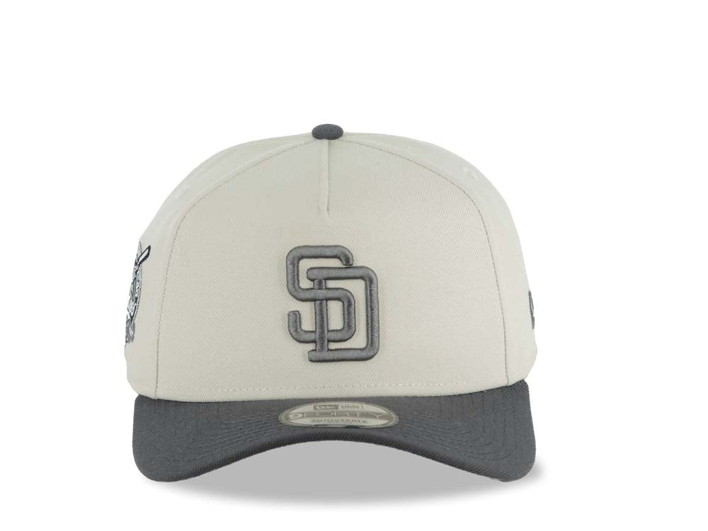San Diego Padres New Era MLB 9FORTY 940 Adjustable A-Frame Cap Hat Stone Crown Dark Gray Visor Dark Gray Logo 40th Anniversary Side Patch Gray UV