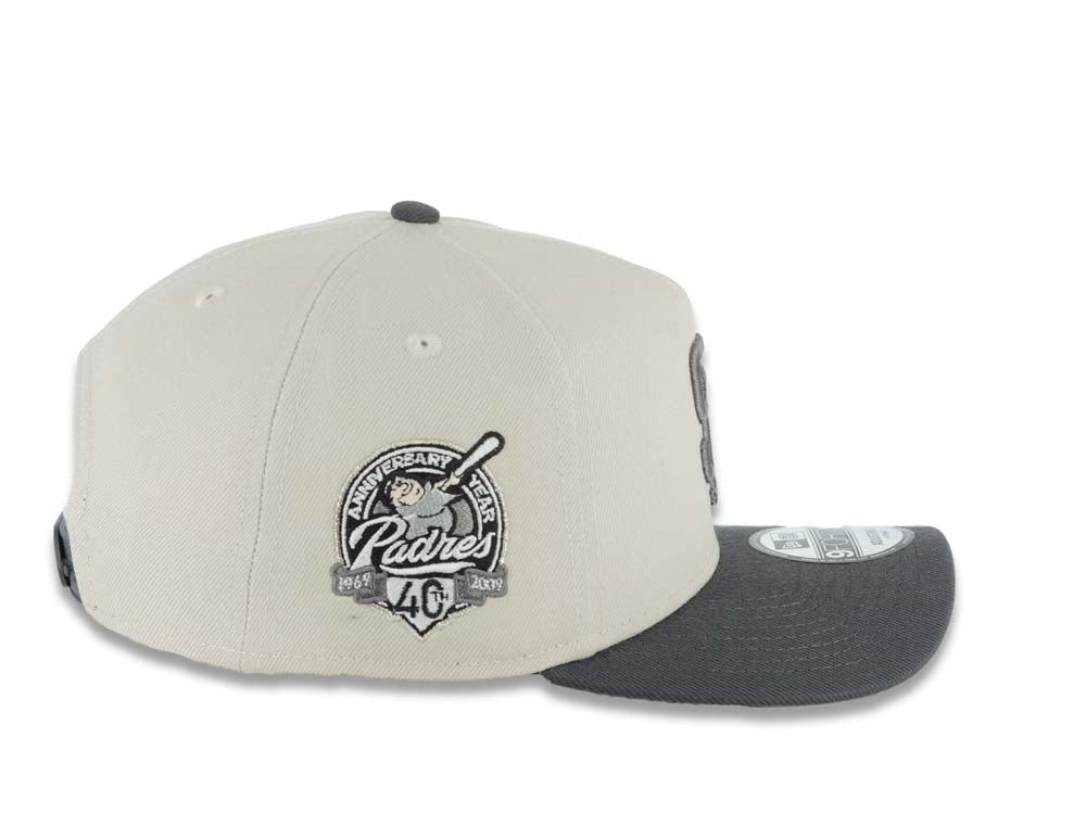 San Diego Padres New Era MLB 9FORTY 940 Adjustable A-Frame Cap Hat Stone Crown Dark Gray Visor Dark Gray Logo 40th Anniversary Side Patch Gray UV