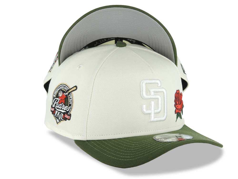 San Diego Padres New Era MLB 9FORTY 940 Adjustable A-Frame Cap Hat Cream Crown Green Visor White Logo With Rose 40th Anniversary Side Patch Gray UV