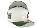 San Diego Padres New Era MLB 9FORTY 940 Adjustable A-Frame Cap Hat Cream Crown Green Visor White Logo With Rose 40th Anniversary Side Patch Gray UV
