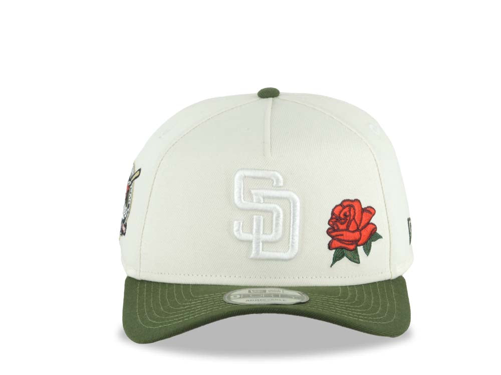 San Diego Padres New Era MLB 9FORTY 940 Adjustable A-Frame Cap Hat Cream Crown Green Visor White Logo With Rose 40th Anniversary Side Patch Gray UV