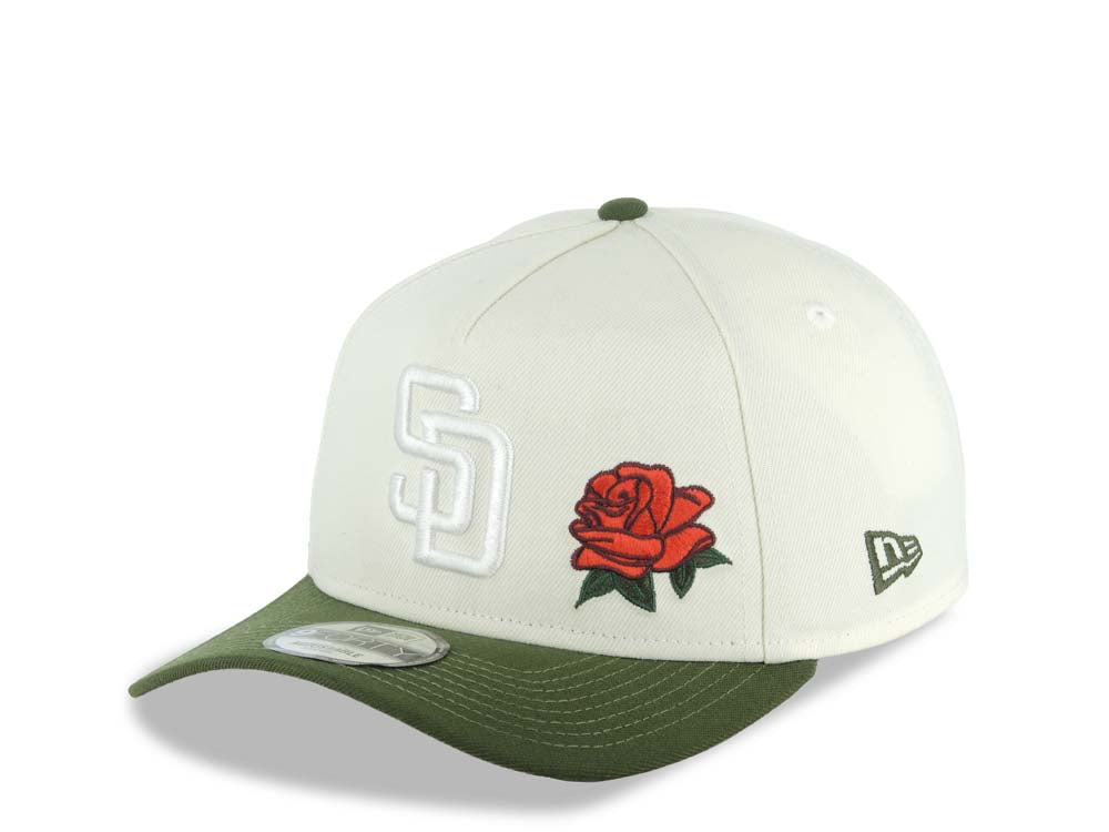 San Diego Padres New Era MLB 9FORTY 940 Adjustable A-Frame Cap Hat Cream Crown Green Visor White Logo With Rose 40th Anniversary Side Patch Gray UV