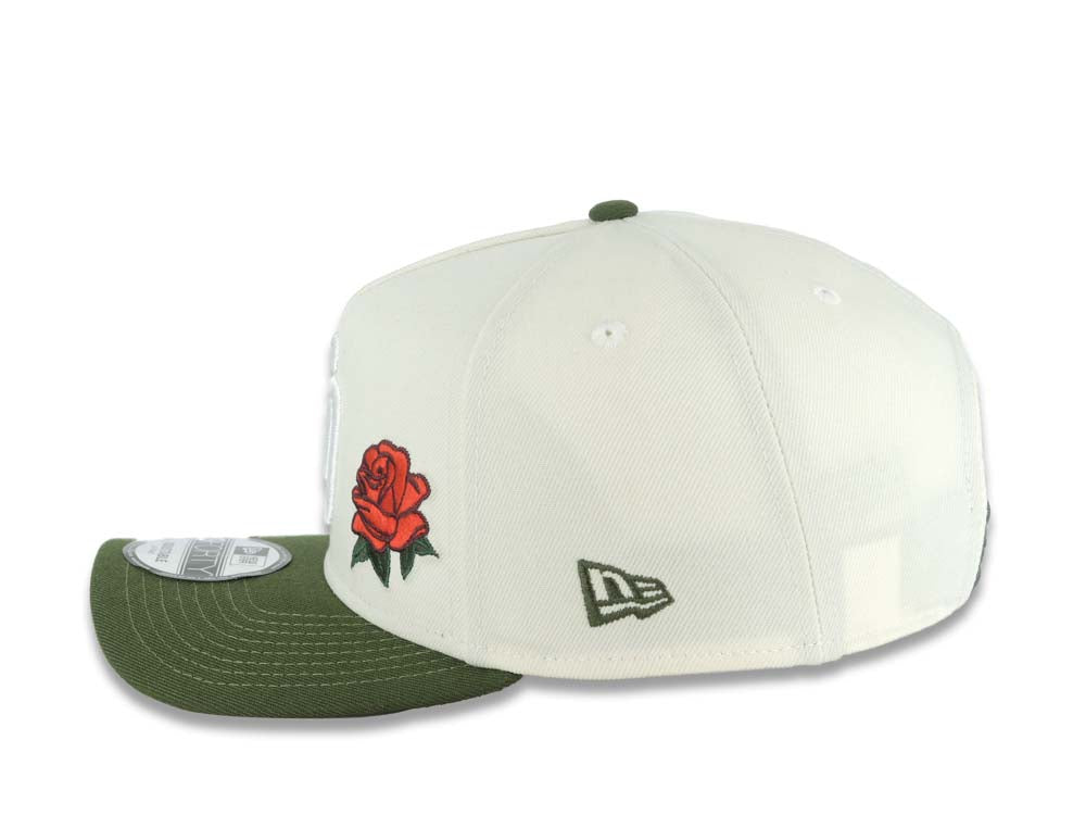 San Diego Padres New Era MLB 9FORTY 940 Adjustable A-Frame Cap Hat Cream Crown Green Visor White Logo With Rose 40th Anniversary Side Patch Gray UV