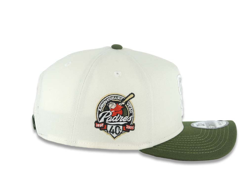 San Diego Padres New Era MLB 9FORTY 940 Adjustable A-Frame Cap Hat Cream Crown Green Visor White Logo With Rose 40th Anniversary Side Patch Gray UV