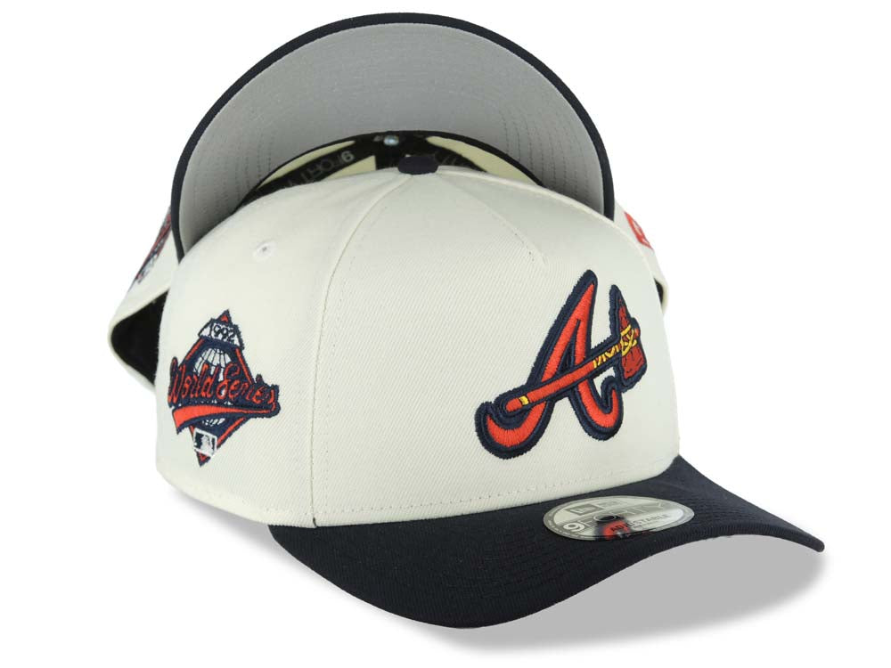 Atlanta Braves New Era MLB 9FORTY 940 Adjustable A-Frame Cap Hat Cream Crown Navy Blue Visor Team Color Axe Logo 1992 World Series Side Patch