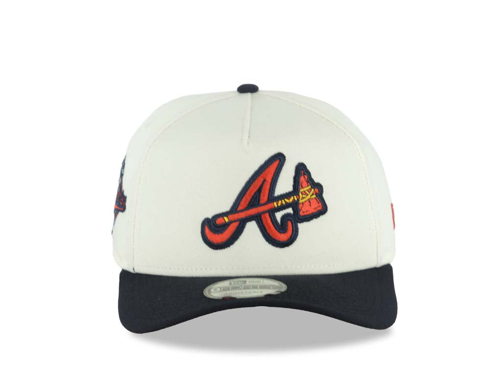 Atlanta Braves New Era MLB 9FORTY 940 Adjustable A-Frame Cap Hat Cream Crown Navy Blue Visor Team Color Axe Logo 1992 World Series Side Patch